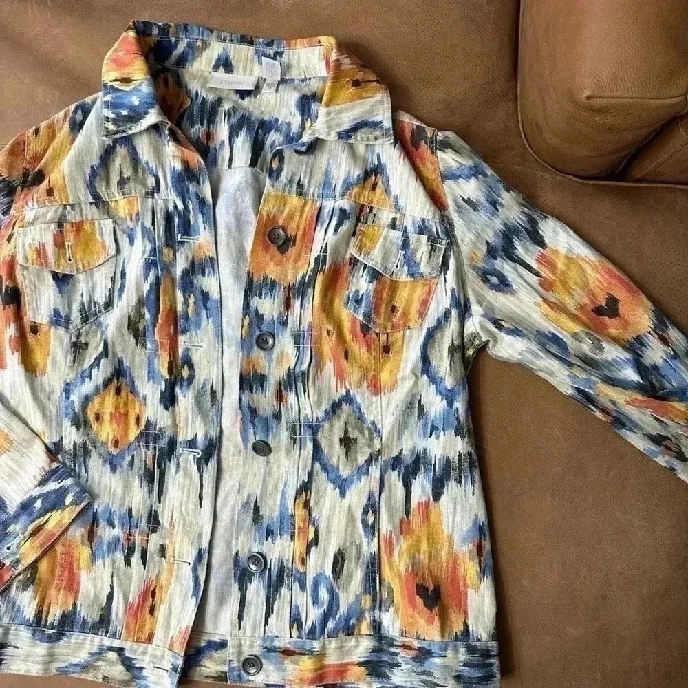 Chico's Sz 2 - Medium Jacket Linen/Cotton Blend Long Sleeve Multi-Color Abstract - Picture 2 of 8